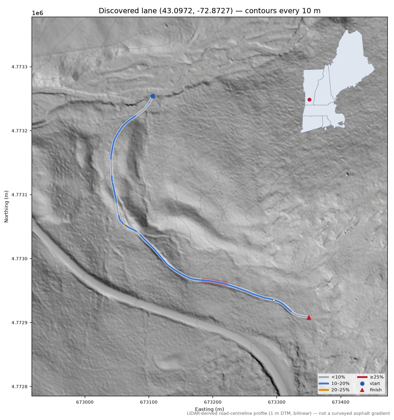 Discovered lane (43.0972, -72.8727) LiDAR hillshade map with contours