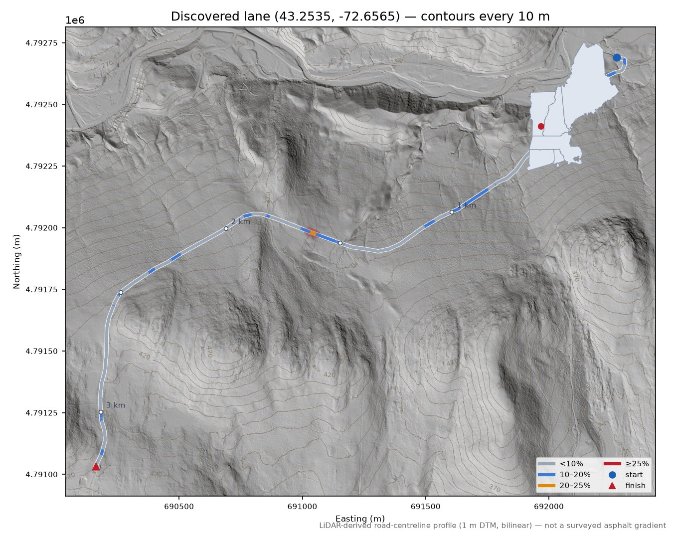Discovered lane (43.2535, -72.6565) LiDAR hillshade map with contours