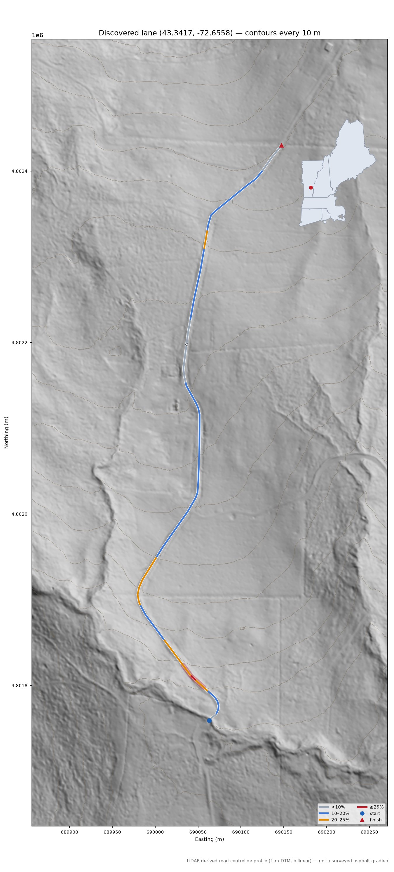Discovered lane (43.3417, -72.6558) LiDAR hillshade map with contours