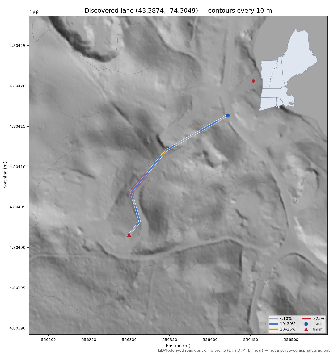 Discovered lane (43.3874, -74.3049) LiDAR hillshade map with contours
