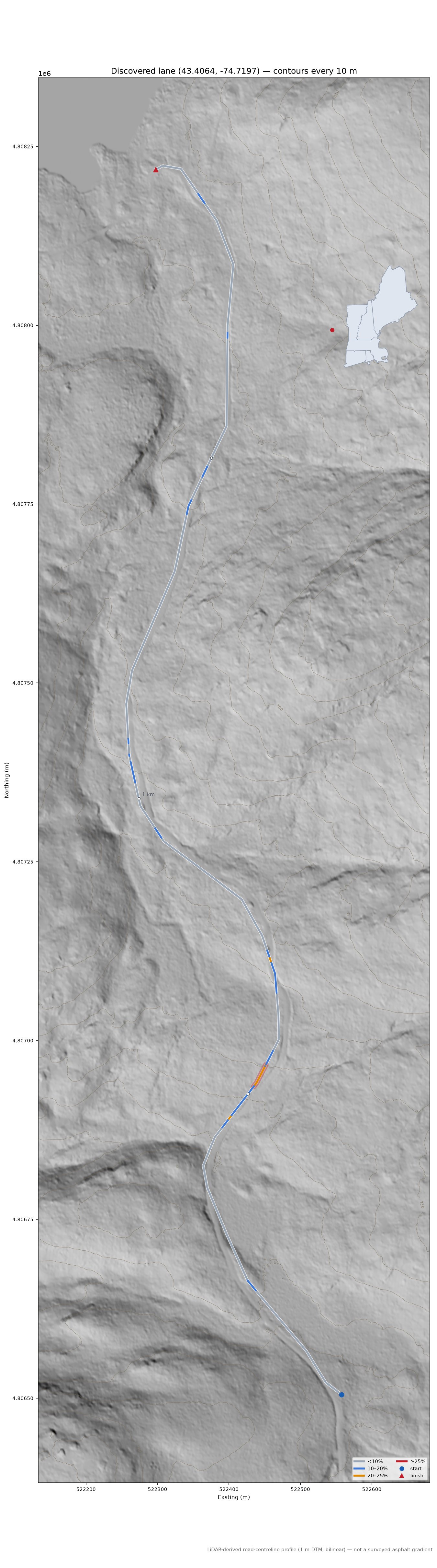 Discovered lane (43.4064, -74.7197) LiDAR hillshade map with contours