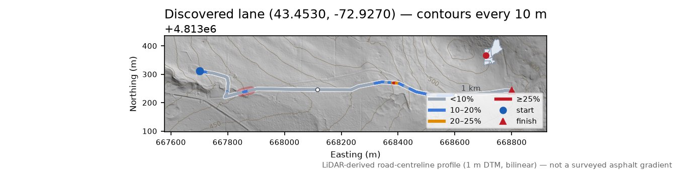 Discovered lane (43.4530, -72.9270) LiDAR hillshade map with contours
