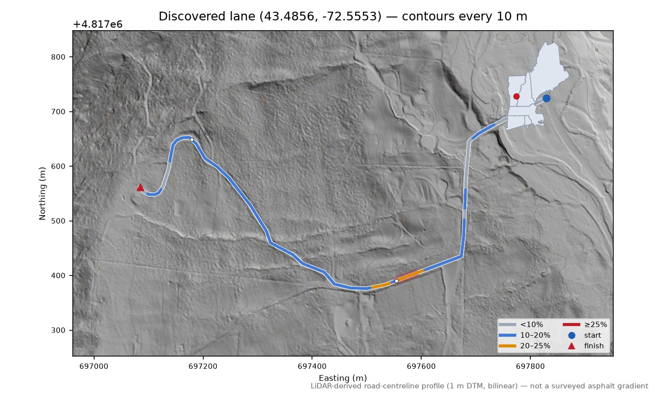 Discovered lane (43.4856, -72.5553) LiDAR hillshade map with contours