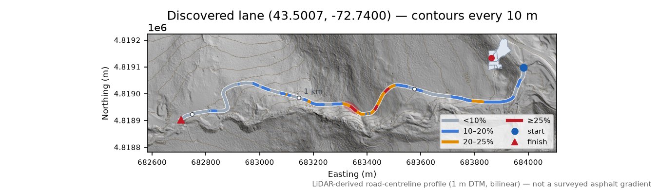 Discovered lane (43.5007, -72.7400) LiDAR hillshade map with contours