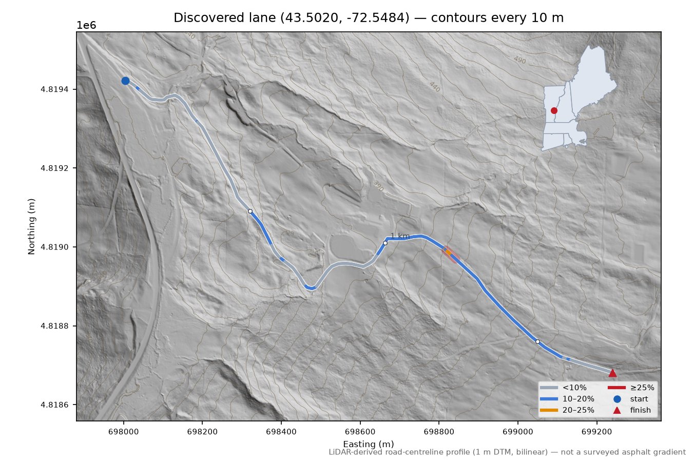Discovered lane (43.5020, -72.5484) LiDAR hillshade map with contours