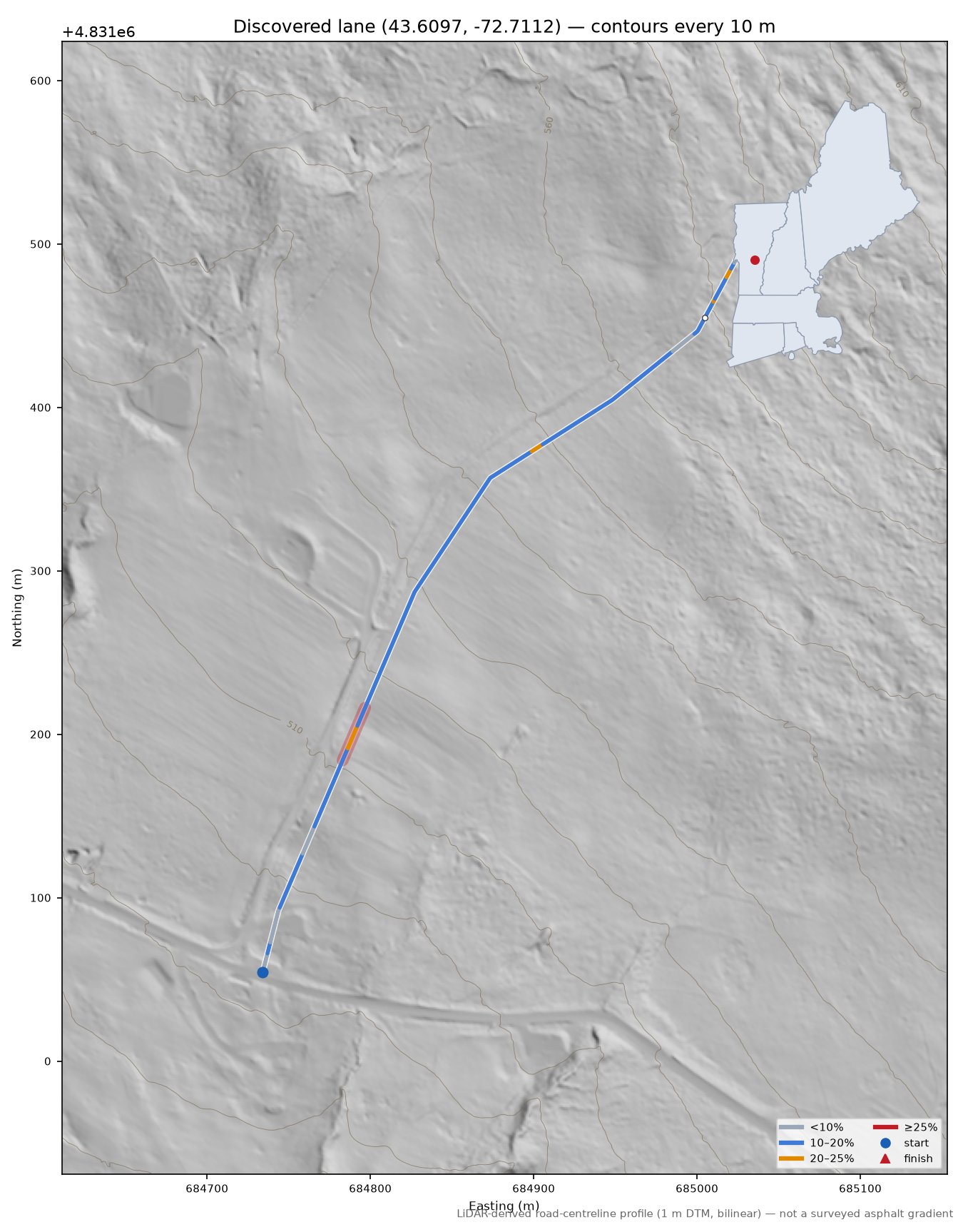 Discovered lane (43.6097, -72.7112) LiDAR hillshade map with contours