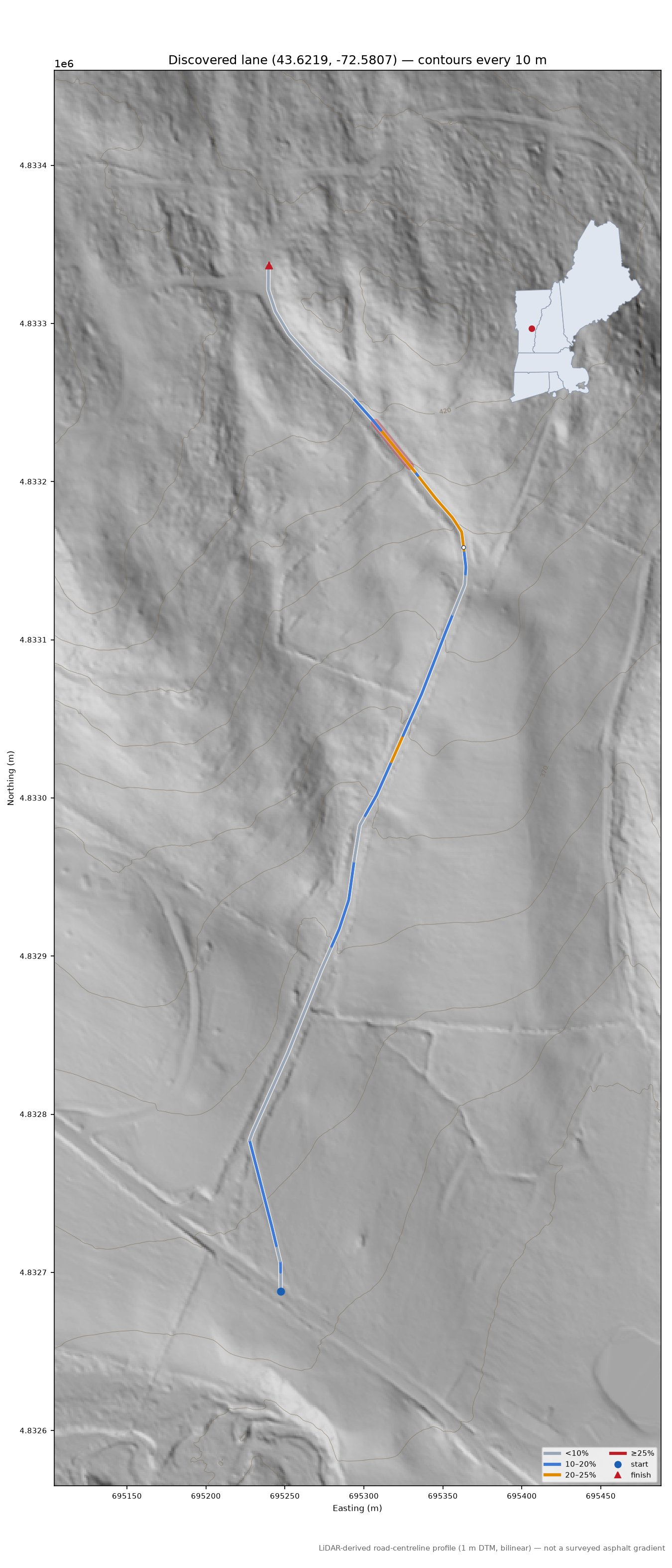 Discovered lane (43.6219, -72.5807) LiDAR hillshade map with contours