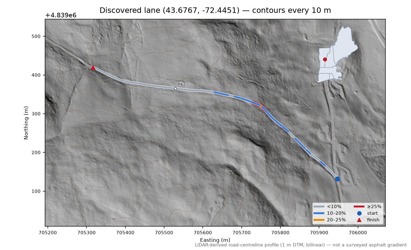 Discovered lane (43.6767, -72.4451) LiDAR hillshade map with contours