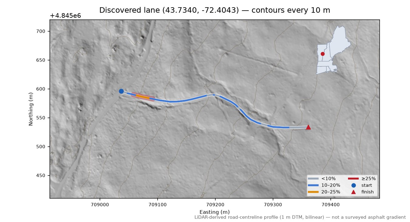 Discovered lane (43.7340, -72.4043) LiDAR hillshade map with contours