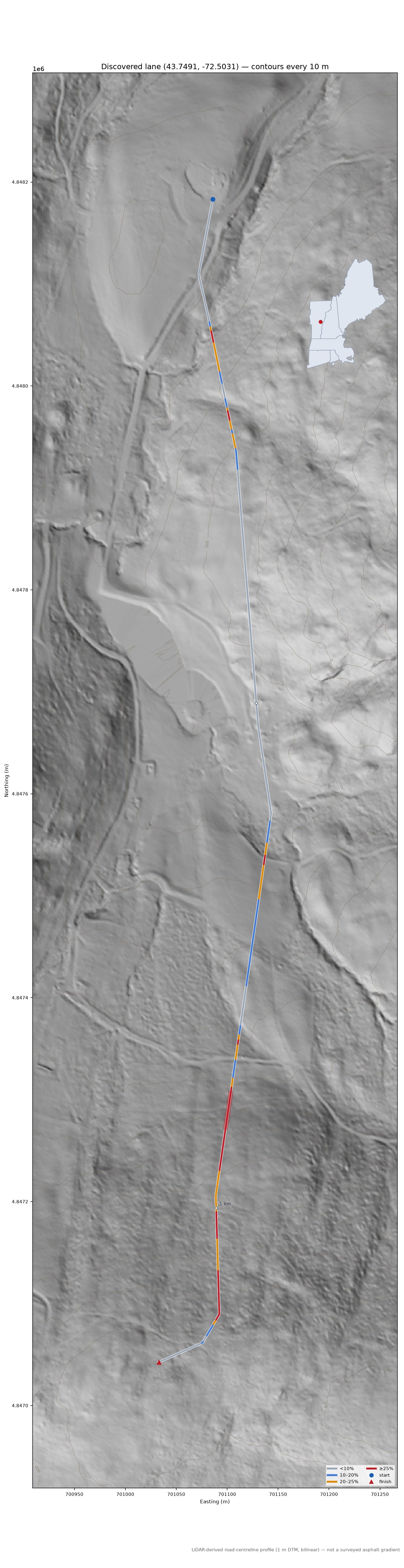 Discovered lane (43.7491, -72.5031) LiDAR hillshade map with contours