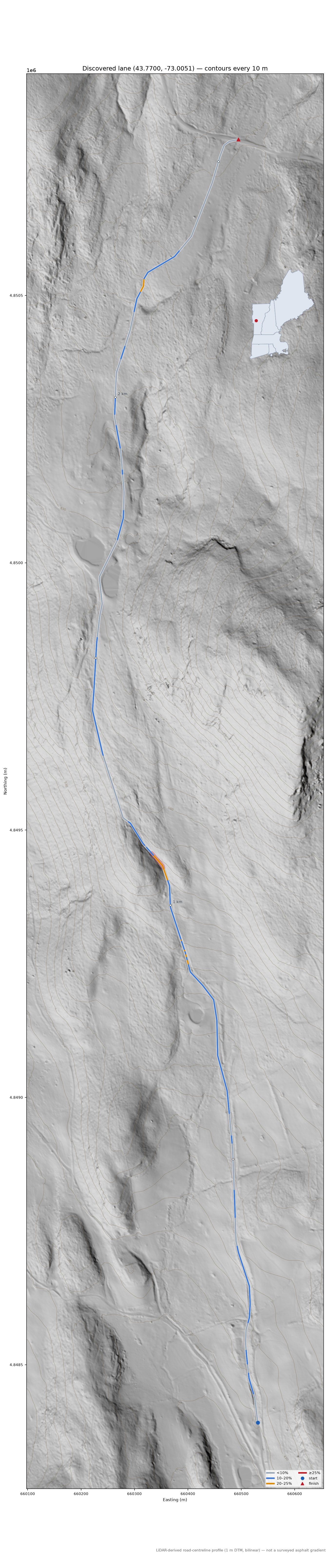 Discovered lane (43.7700, -73.0051) LiDAR hillshade map with contours