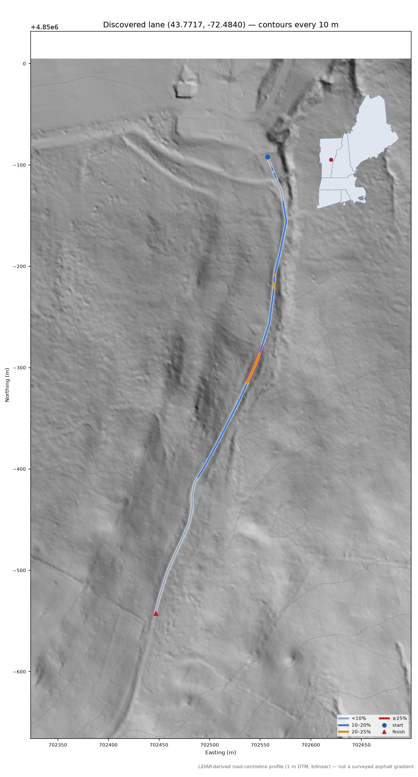 Discovered lane (43.7717, -72.4840) LiDAR hillshade map with contours