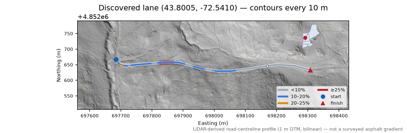 Discovered lane (43.8005, -72.5410) LiDAR hillshade map with contours