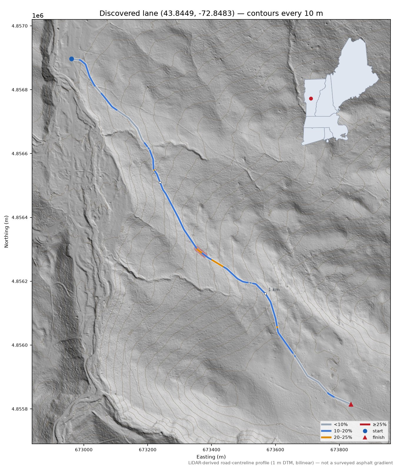 Discovered lane (43.8449, -72.8483) LiDAR hillshade map with contours