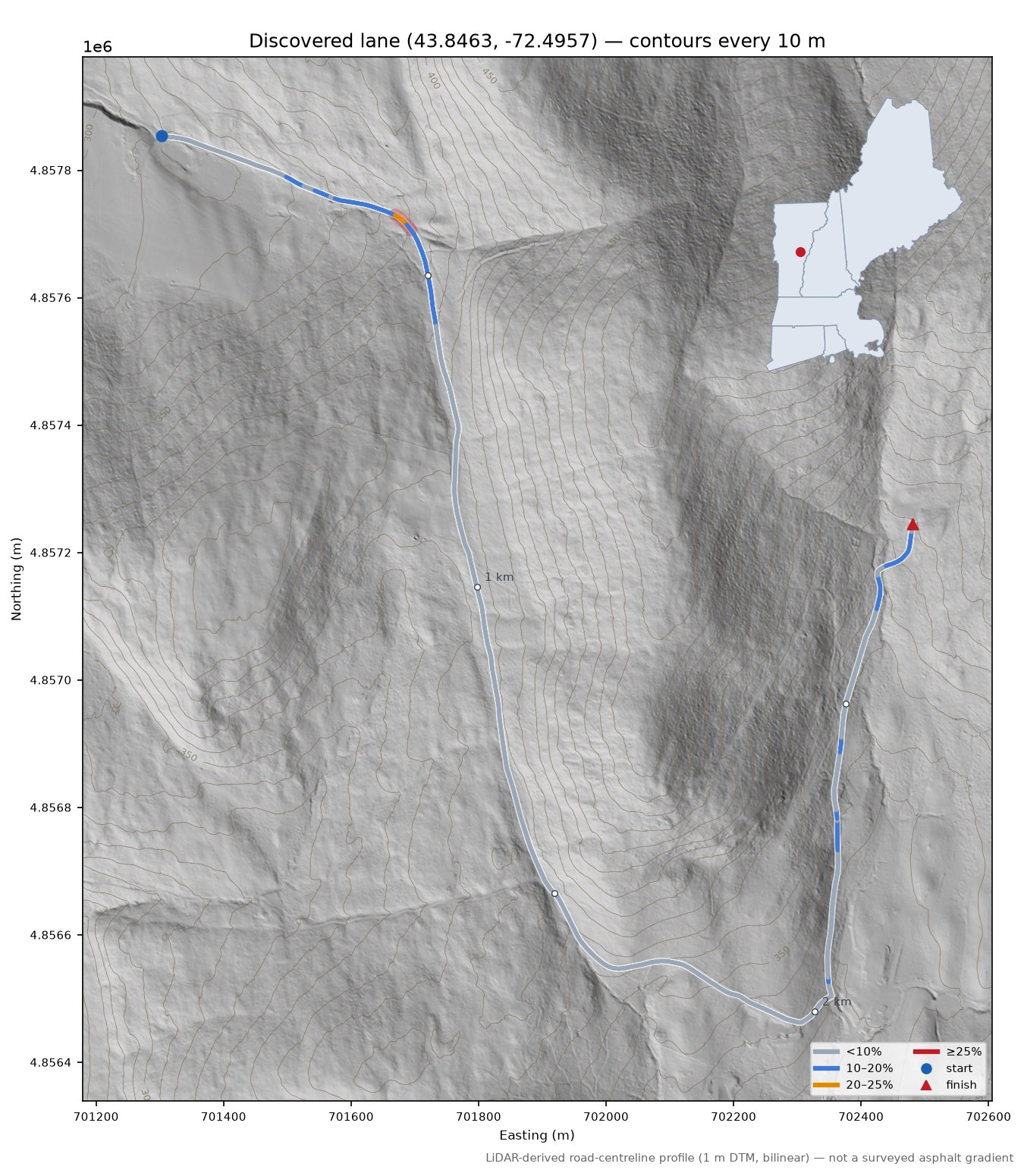 Discovered lane (43.8463, -72.4957) LiDAR hillshade map with contours