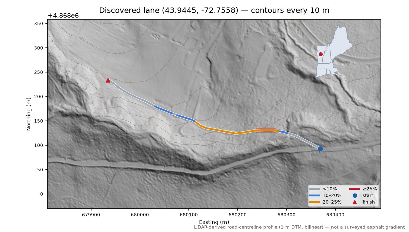 Discovered lane (43.9445, -72.7558) LiDAR hillshade map with contours