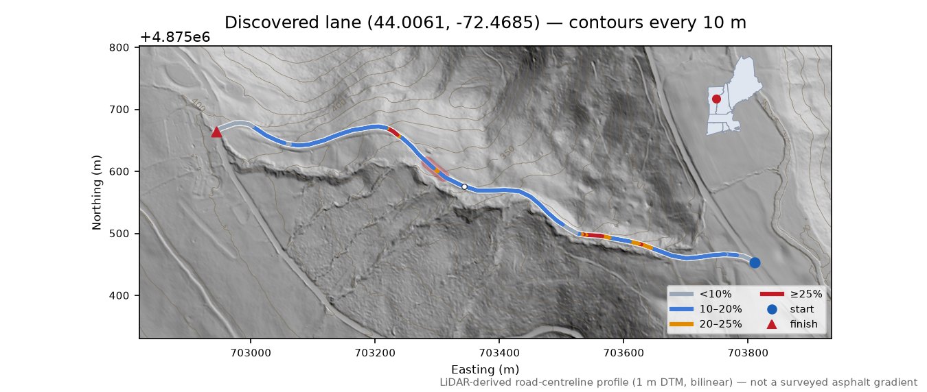 Discovered lane (44.0061, -72.4685) LiDAR hillshade map with contours