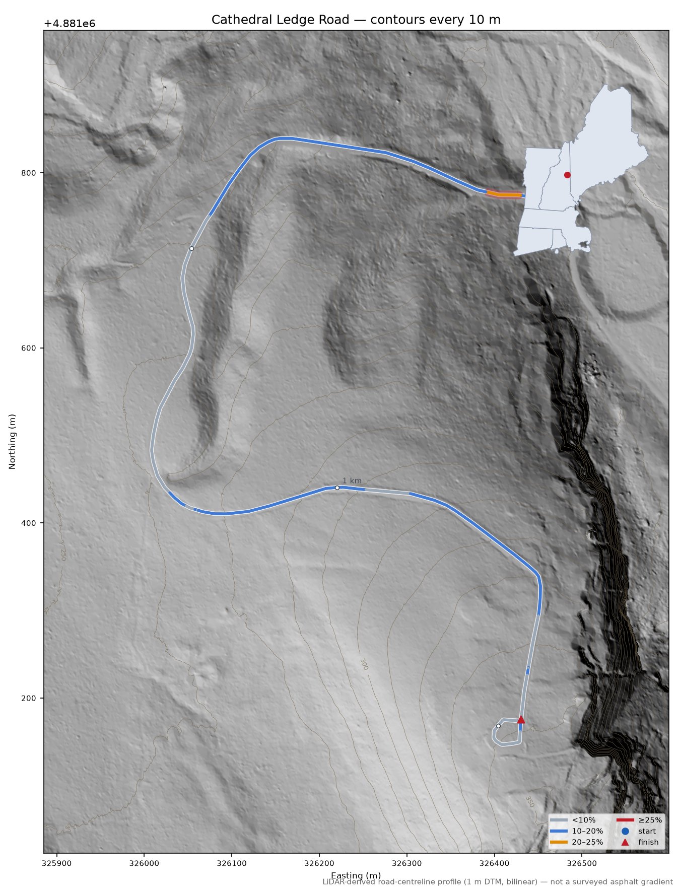 Cathedral Ledge Road LiDAR hillshade map with contours