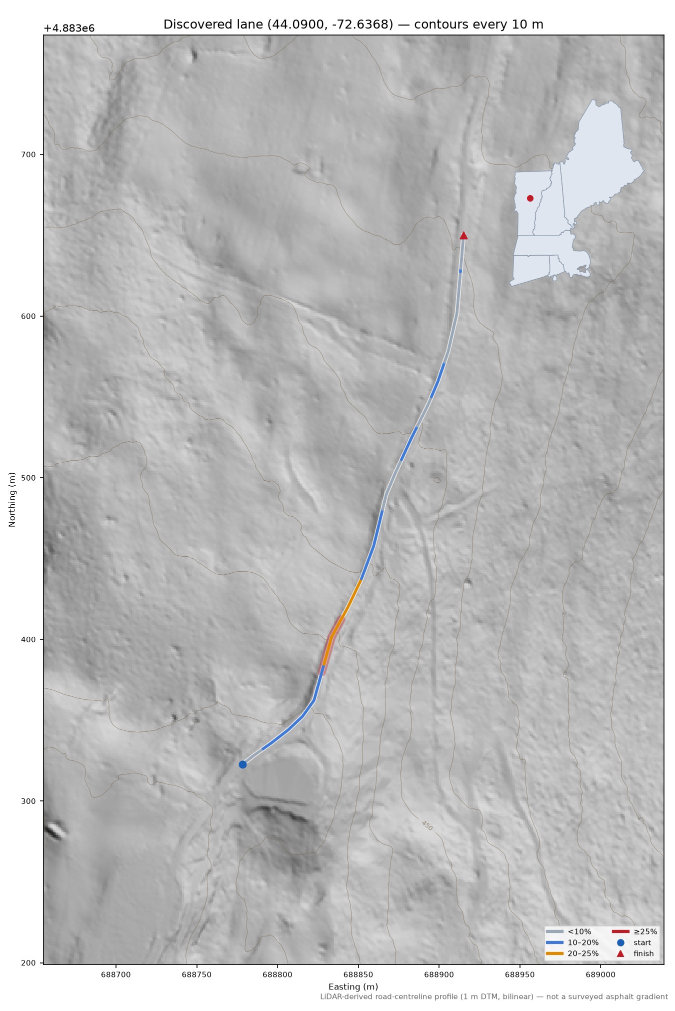 Discovered lane (44.0900, -72.6368) LiDAR hillshade map with contours