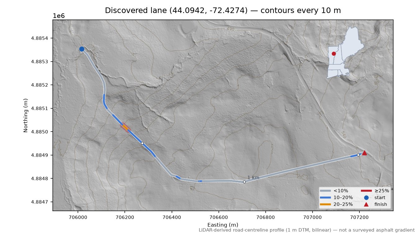 Discovered lane (44.0942, -72.4274) LiDAR hillshade map with contours