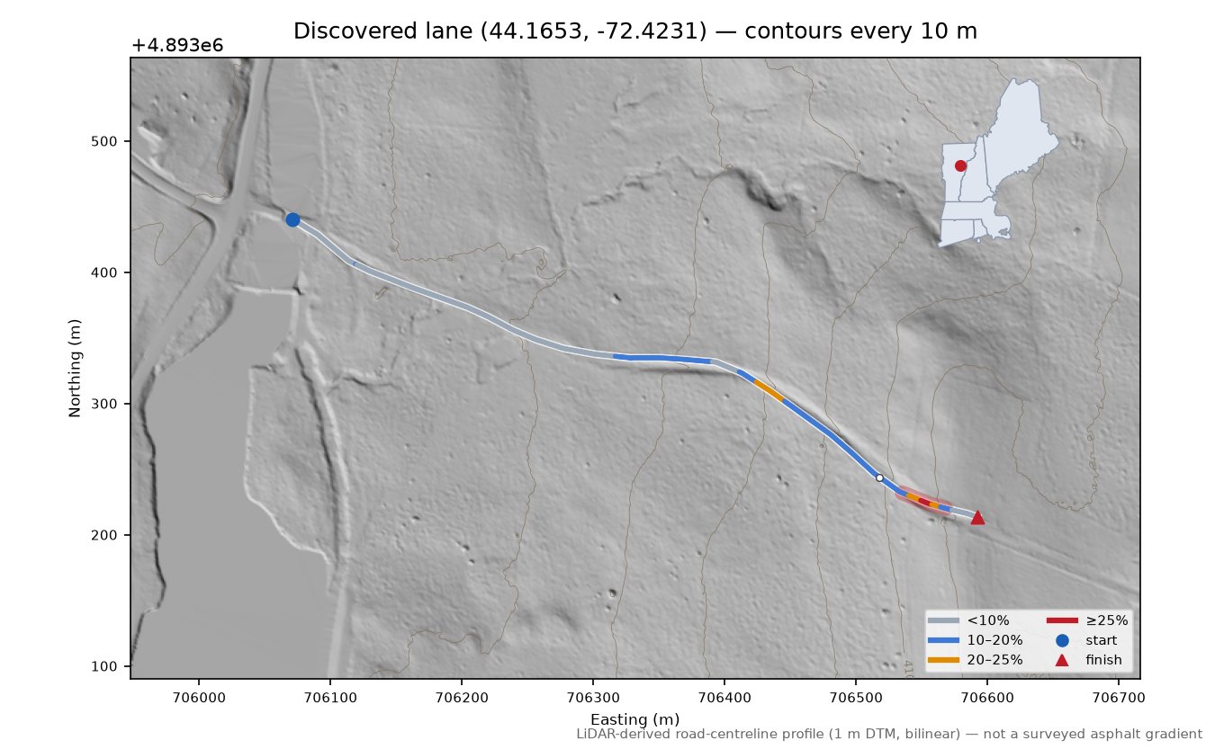 Discovered lane (44.1653, -72.4231) LiDAR hillshade map with contours
