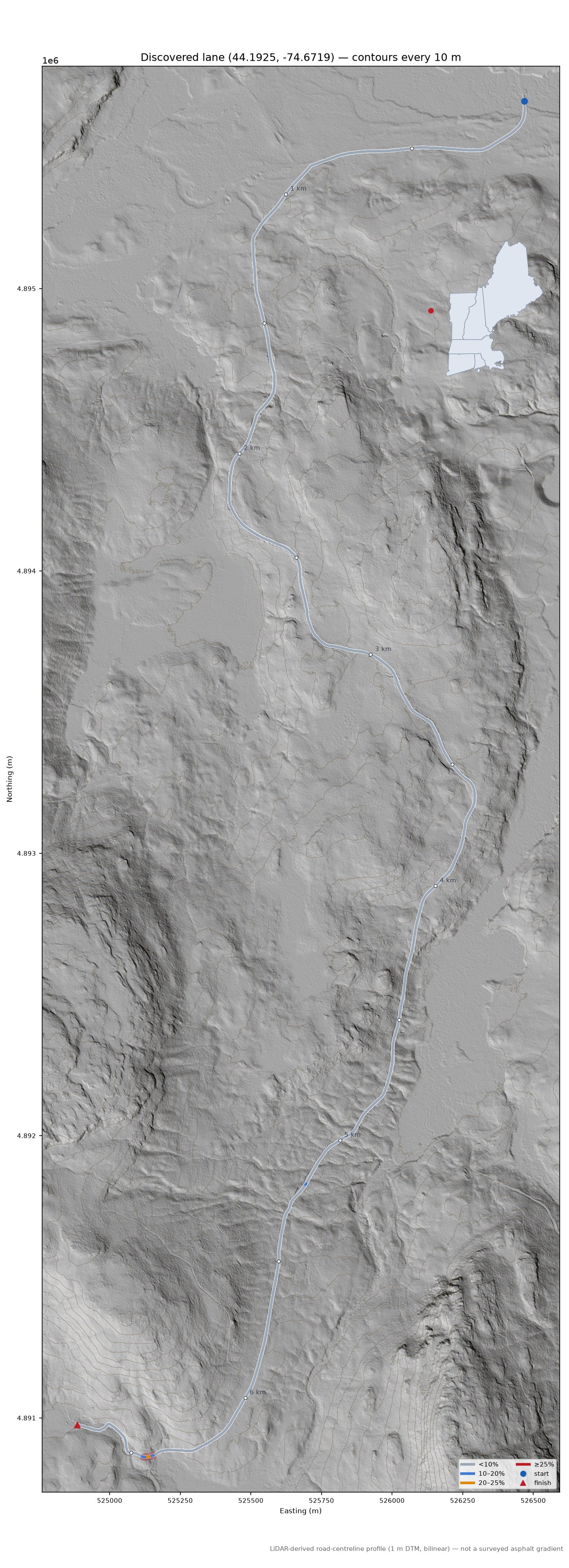 Discovered lane (44.1925, -74.6719) LiDAR hillshade map with contours