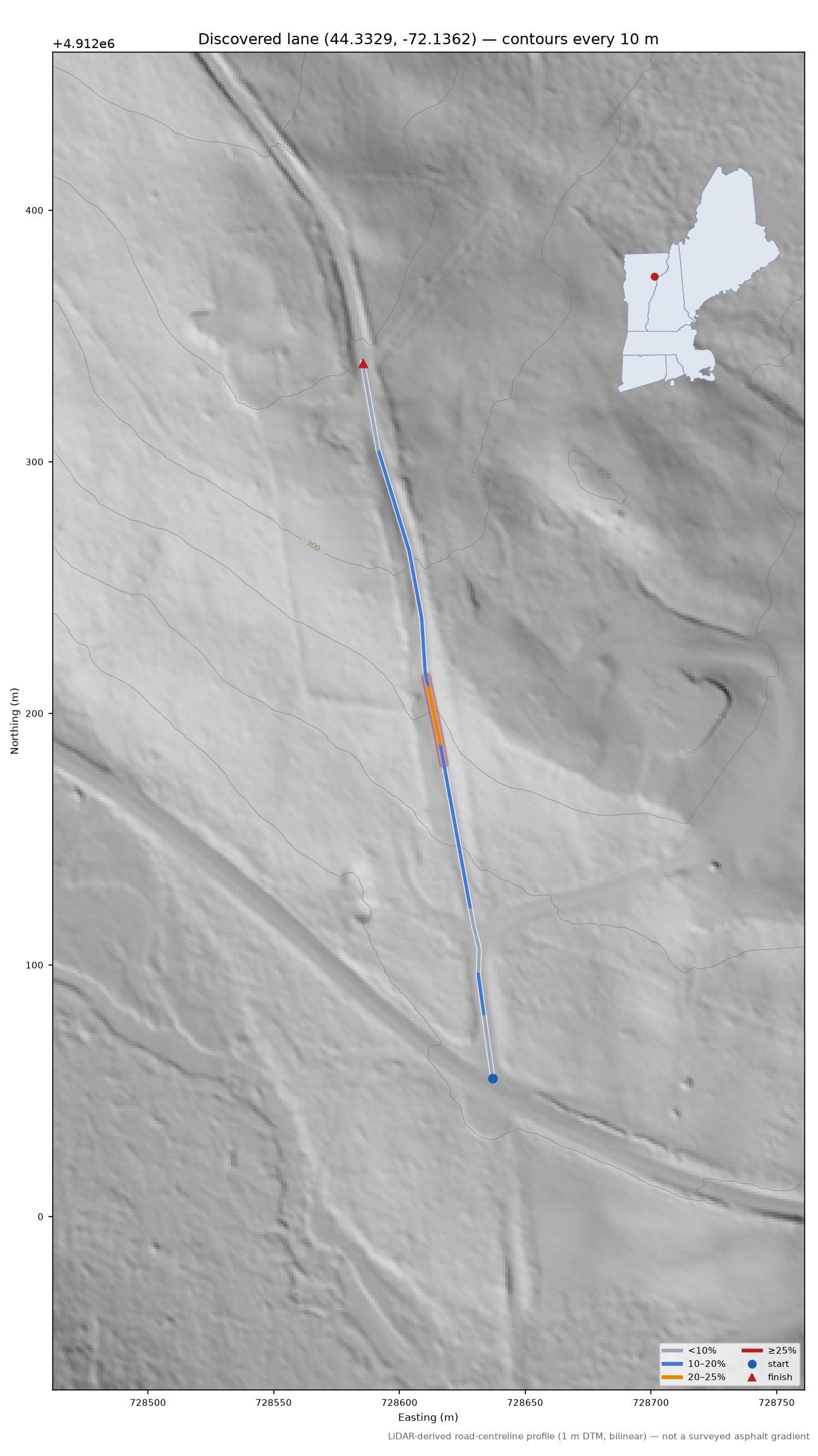 Discovered lane (44.3329, -72.1362) LiDAR hillshade map with contours