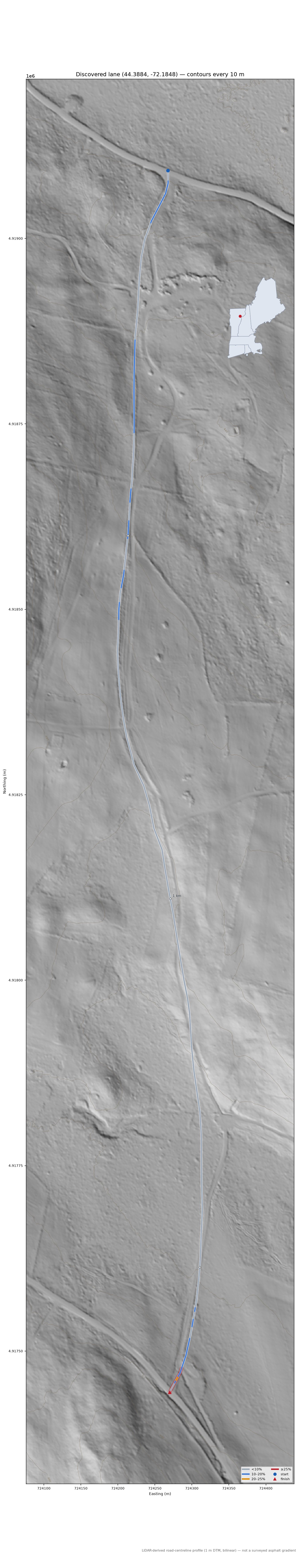 Discovered lane (44.3884, -72.1848) LiDAR hillshade map with contours