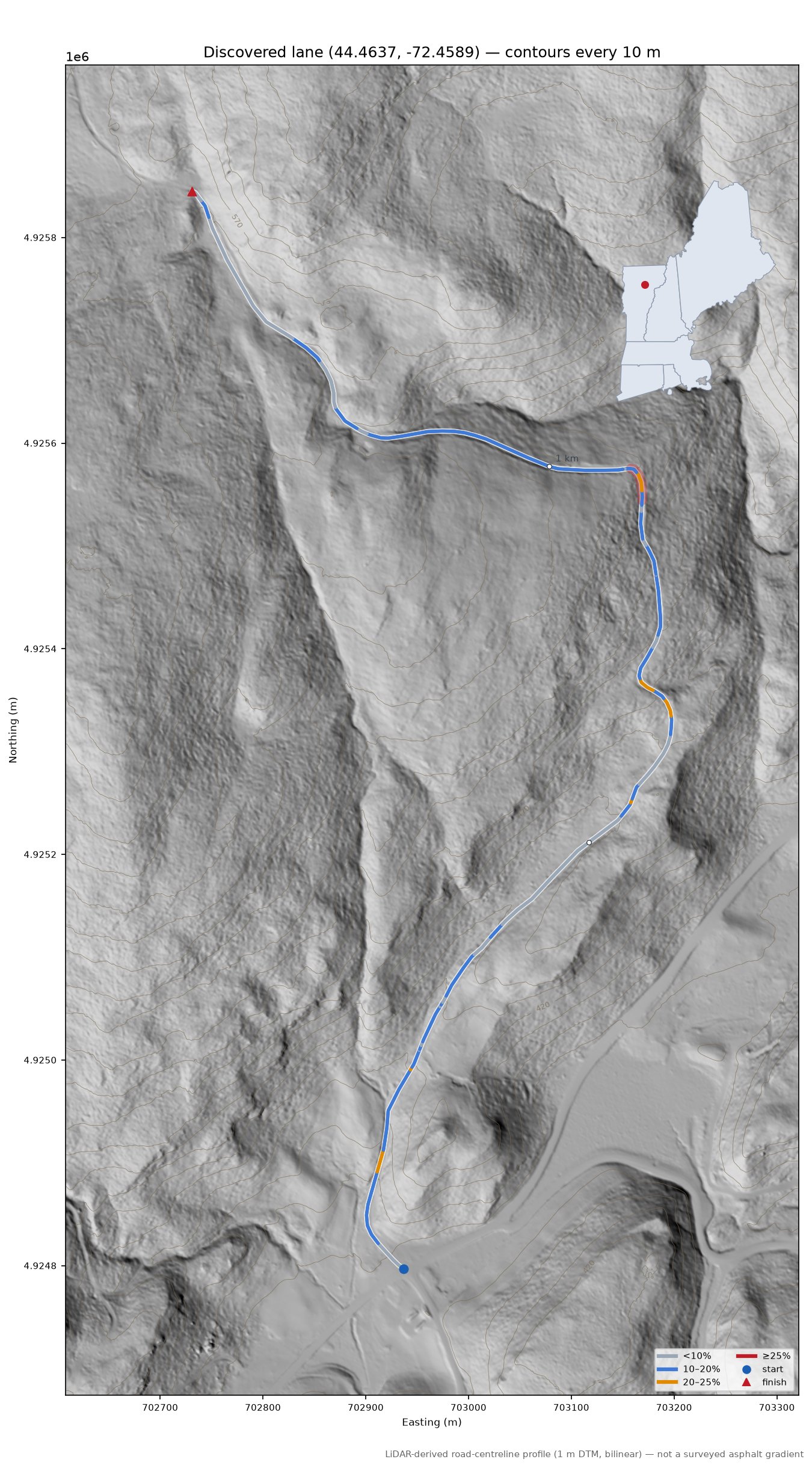 Discovered lane (44.4637, -72.4589) LiDAR hillshade map with contours