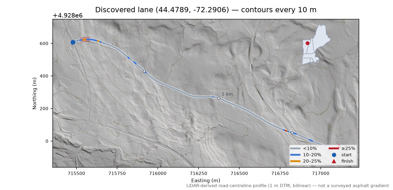 Discovered lane (44.4789, -72.2906) LiDAR hillshade map with contours
