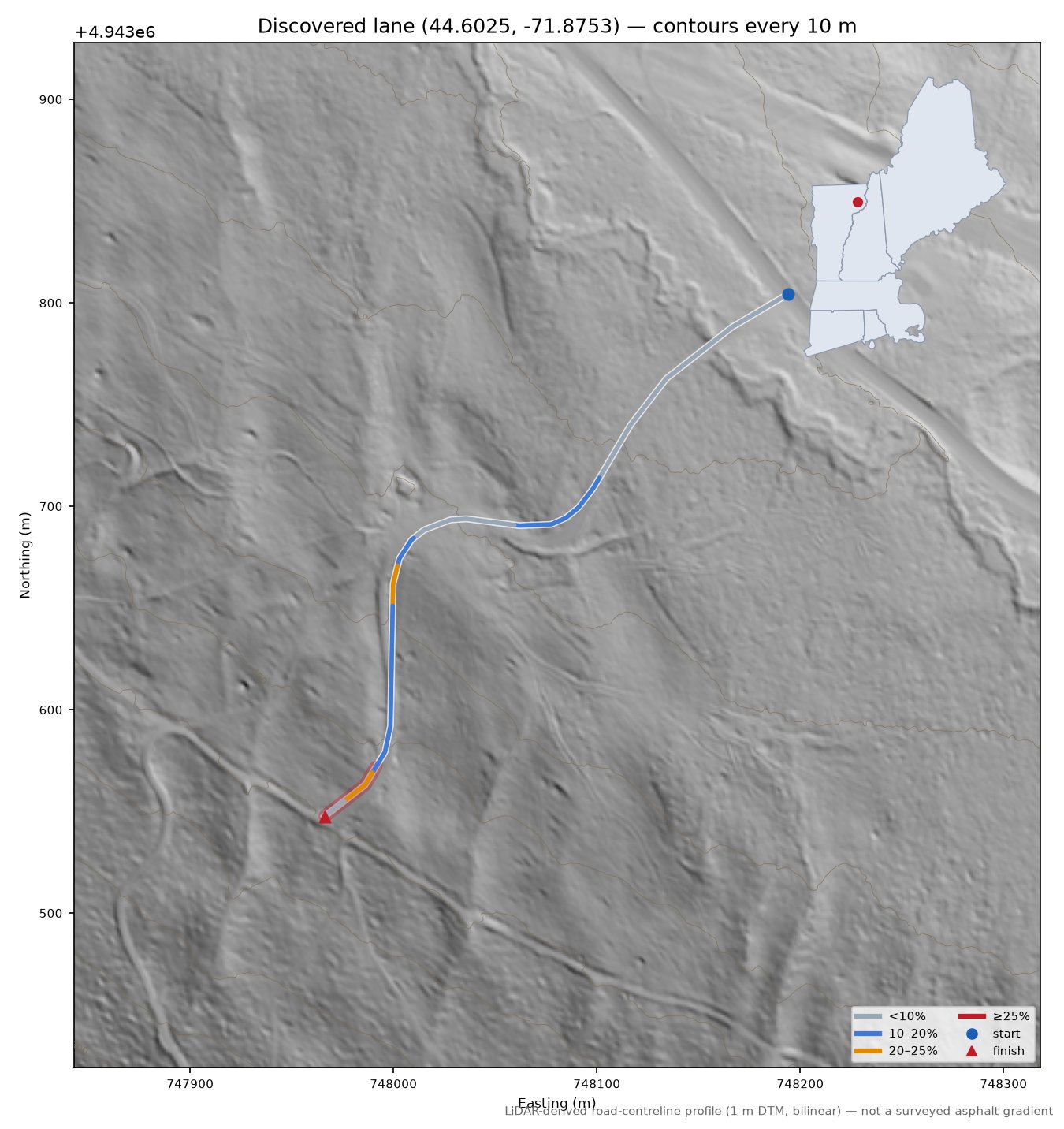 Discovered lane (44.6025, -71.8753) LiDAR hillshade map with contours
