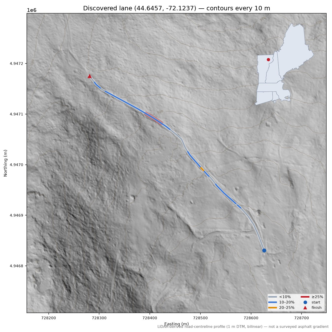 Discovered lane (44.6457, -72.1237) LiDAR hillshade map with contours