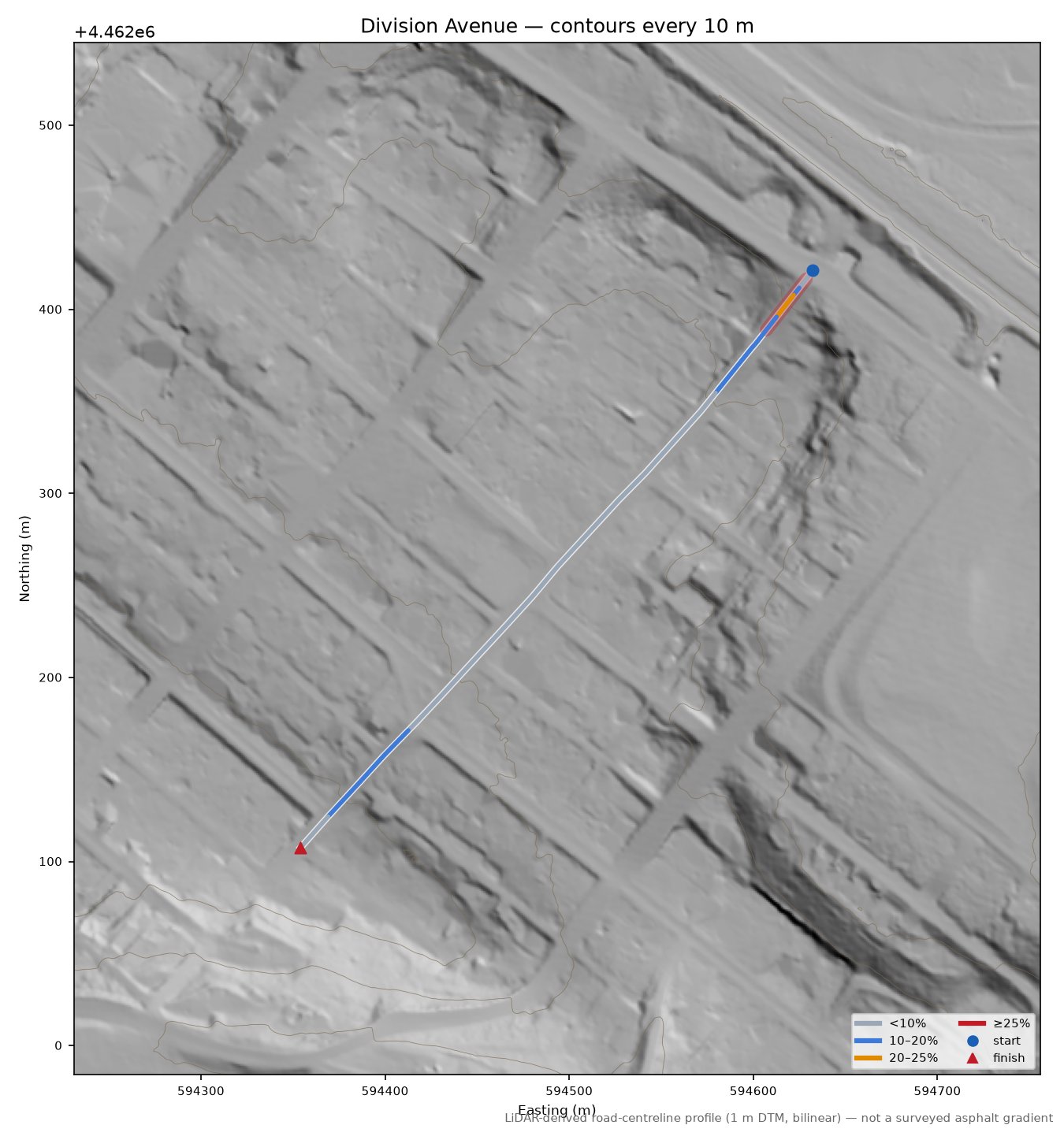 Division Avenue LiDAR hillshade map with contours