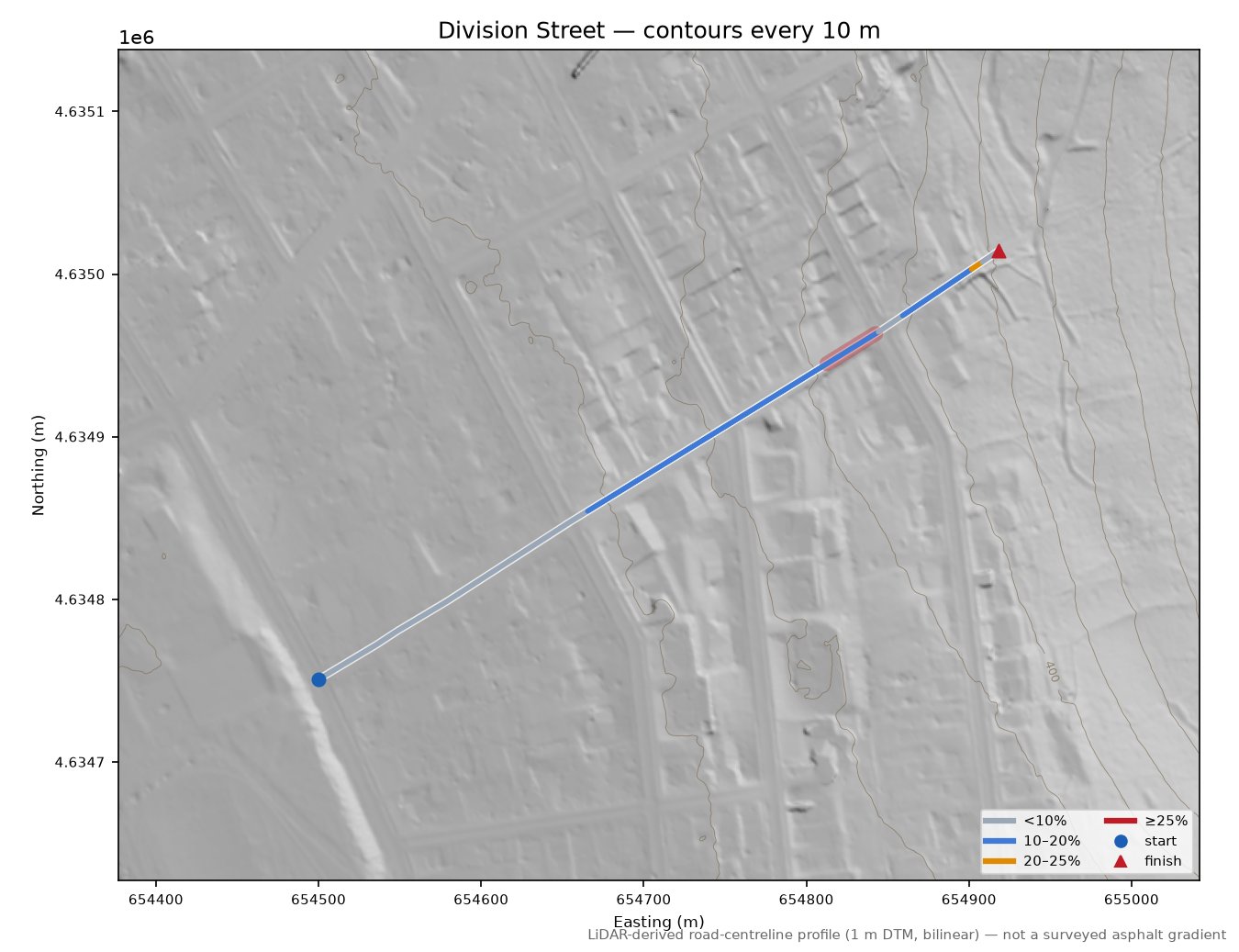 Division Street LiDAR hillshade map with contours