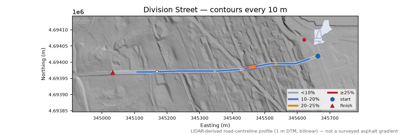 Division Street LiDAR hillshade map with contours