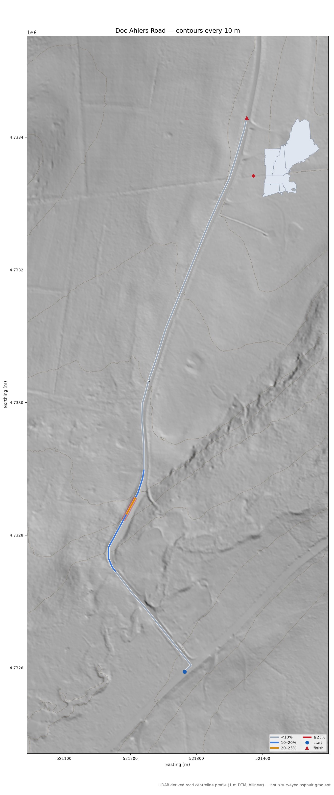 Doc Ahlers Road LiDAR hillshade map with contours