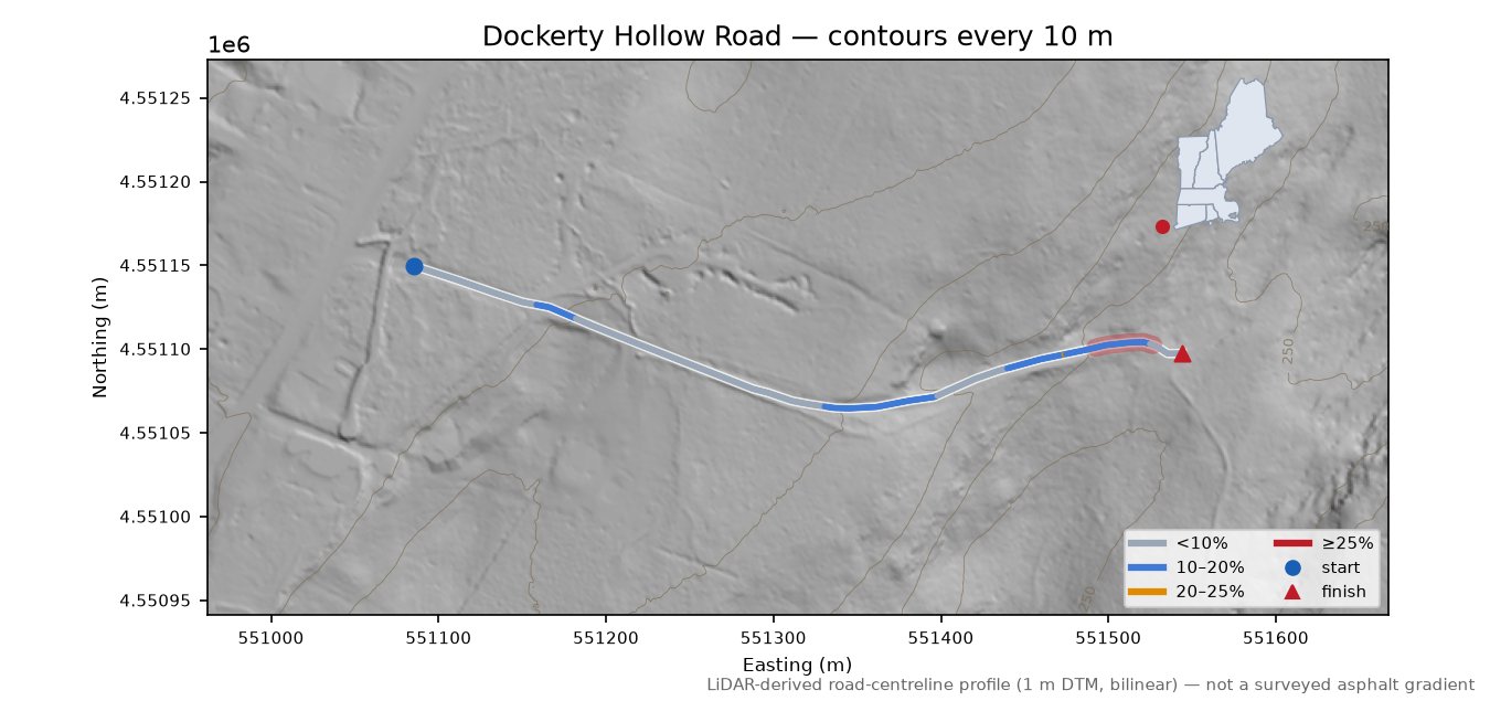 Dockerty Hollow Road LiDAR hillshade map with contours