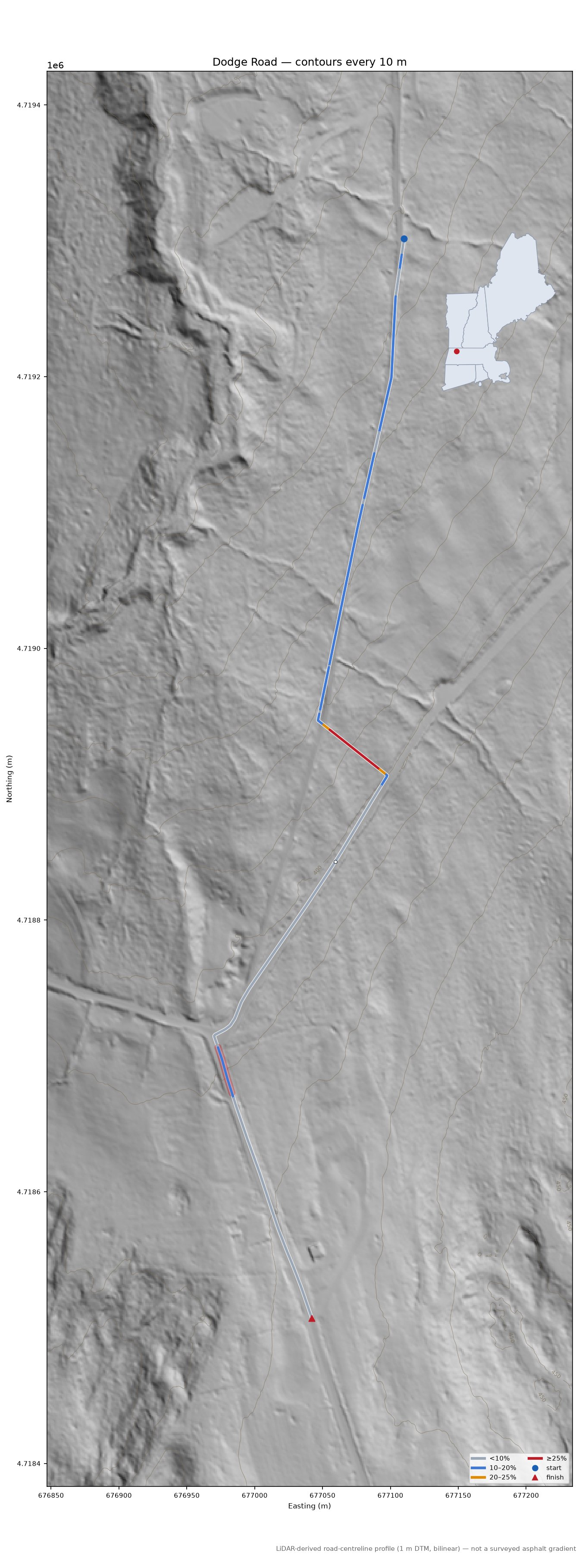 Dodge Road LiDAR hillshade map with contours