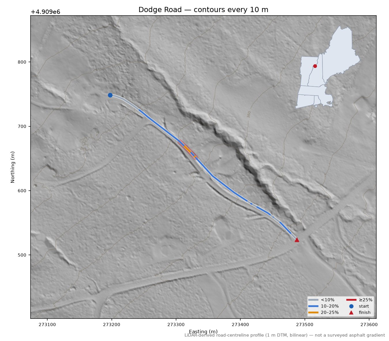 Dodge Road LiDAR hillshade map with contours