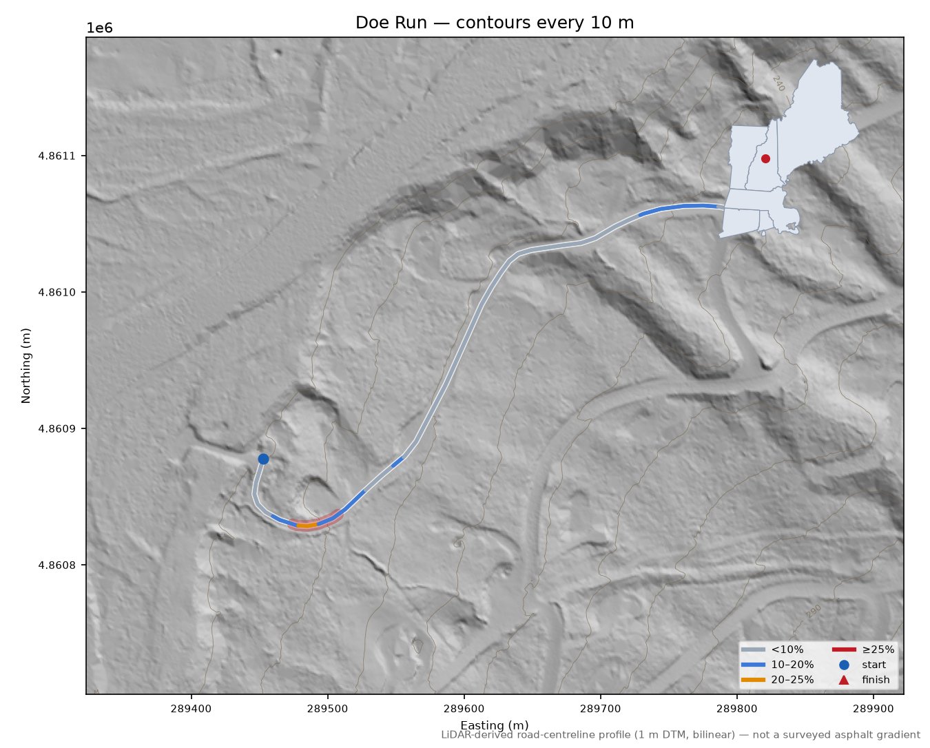 Doe Run LiDAR hillshade map with contours
