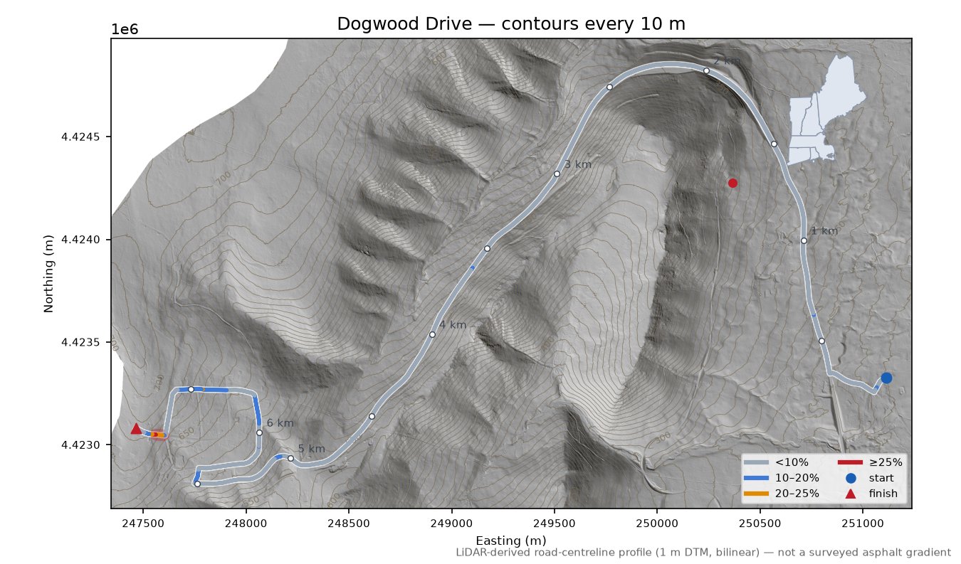 Dogwood Drive LiDAR hillshade map with contours