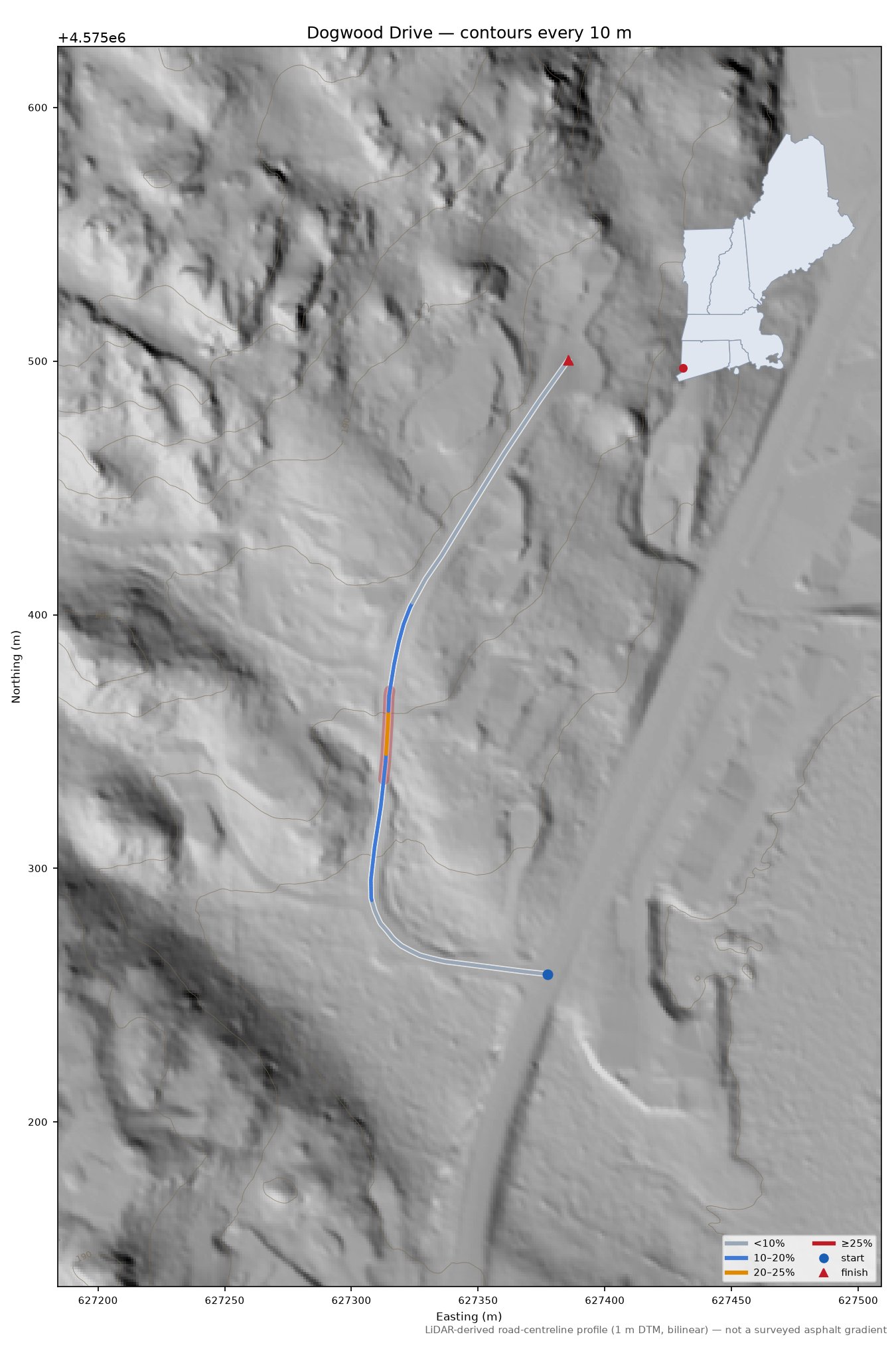 Dogwood Drive LiDAR hillshade map with contours