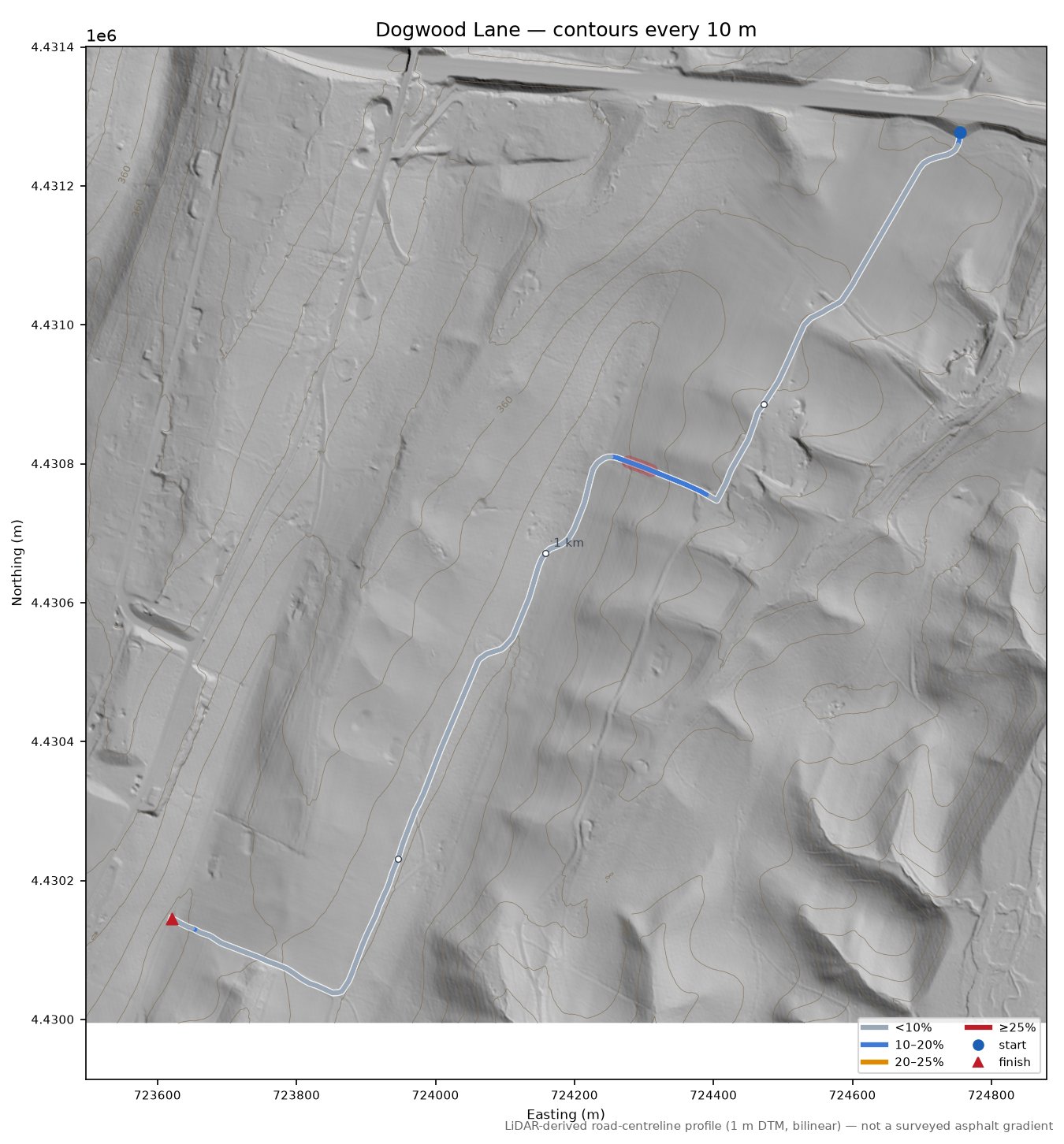 Dogwood Lane LiDAR hillshade map with contours