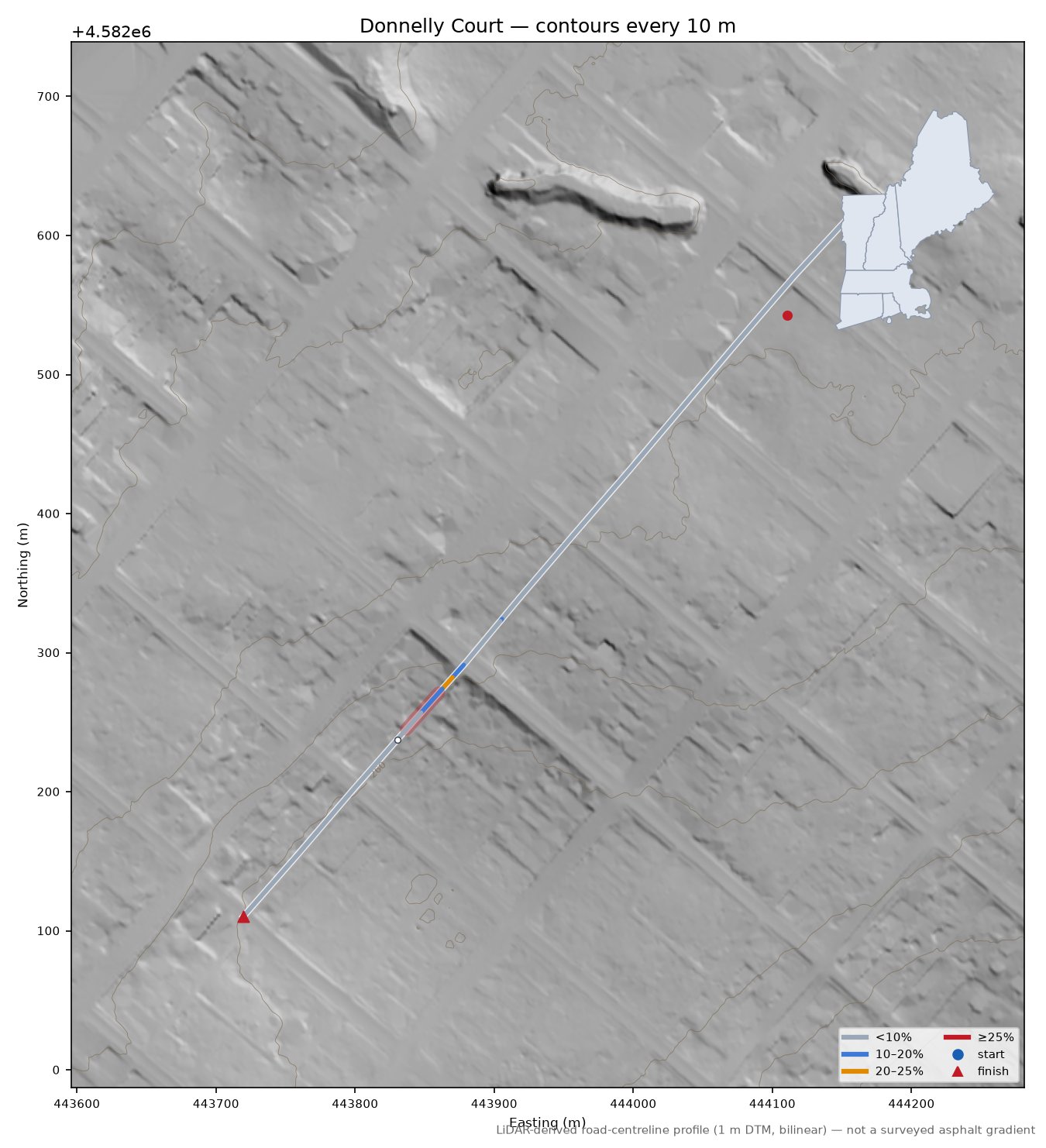 Donnelly Court LiDAR hillshade map with contours