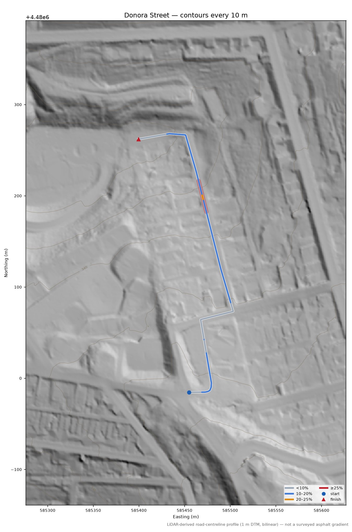 Donora Street LiDAR hillshade map with contours