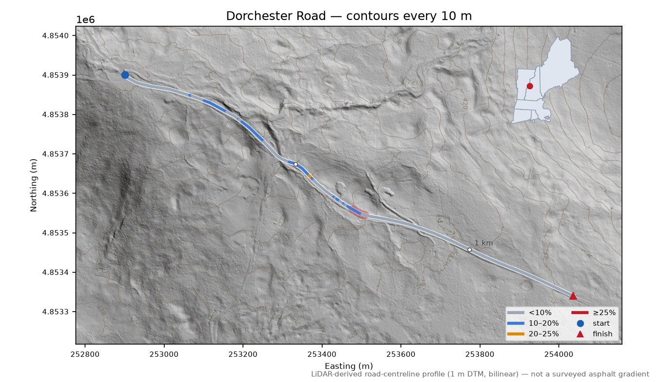 Dorchester Road LiDAR hillshade map with contours