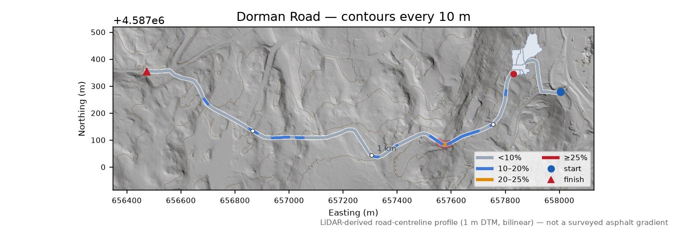 Dorman Road LiDAR hillshade map with contours
