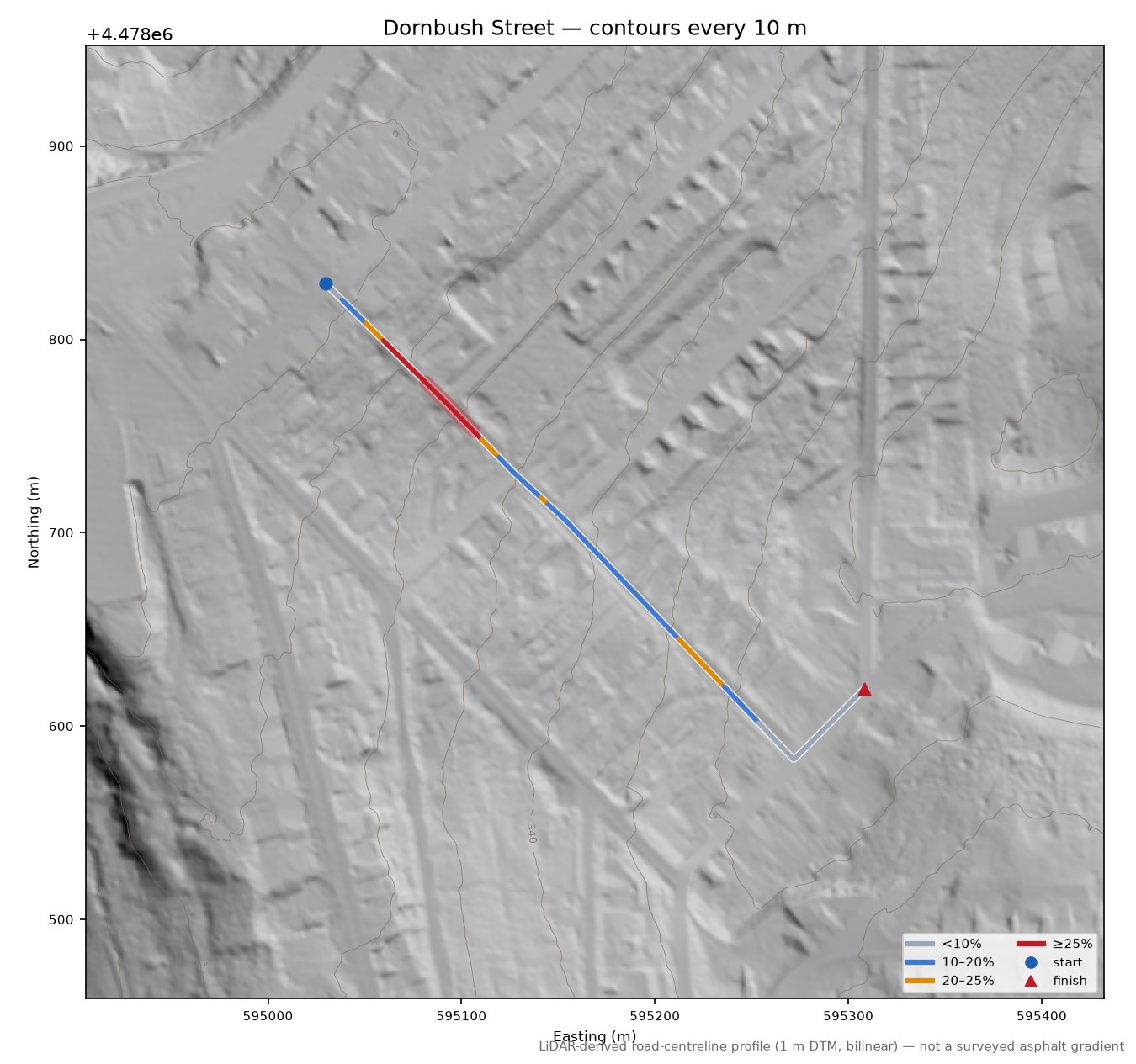 Dornbush Street LiDAR hillshade map with contours