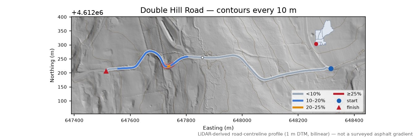 Double Hill Road LiDAR hillshade map with contours