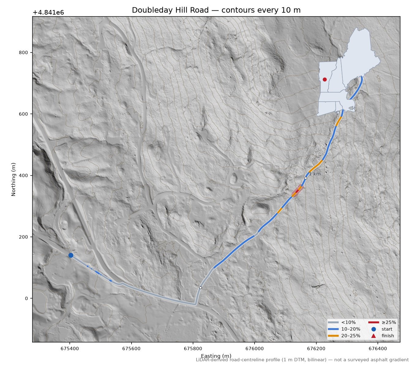 Doubleday Hill Road LiDAR hillshade map with contours